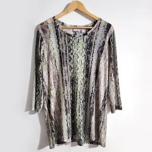 LOGO Lori Goldstein Layers Womens 3/4 Sleeve Nylon Knit Top Size XL Snake Print
